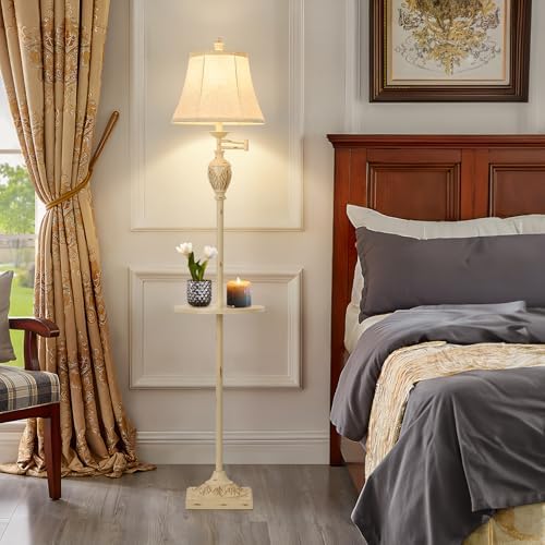 Traditional Floor Lamp with Tray, Remote Dimmable, 350° Swing Arm and White