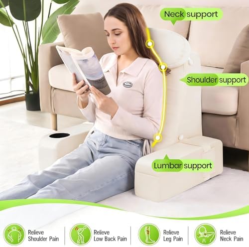 19 INCH Reading Pillow for Adults, Back Pillow for Bed Sitting Up, Backrest Pillow for Sitting in Bed, Detachable Arms with Built-in Cup & Phone Caddy (Beige, 19 INCH)