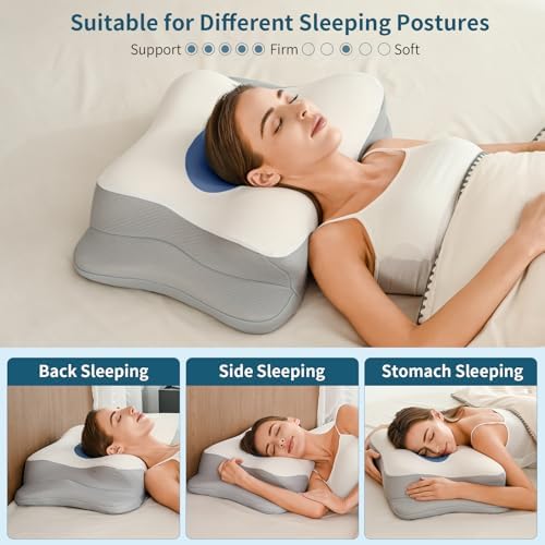 Cervical Neck Pillow for Pain Relief, Contour Memory Foam Pillows for Sleeping, Ergonomic Pillow Orthopedic Cooling Pillow Bed Pillow Neck Support for Side Back Stomach Sleepers (Blue&White)