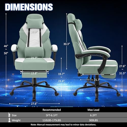 Gaming Chair with Footrest, Fabric Gaming Chair for Adults with Massage Lumbar Support, High Back Ergonomic Computer Chair, Pocket Spring Cushion, 150°Reclining & Linkage Armrests, Green