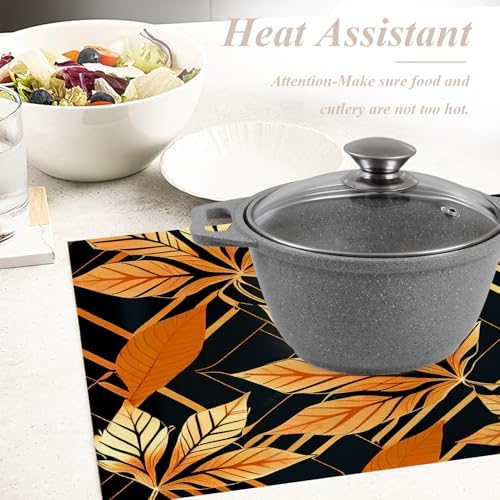 Shrahala Yellow Maple Leaves Placemats, On Black Grid Table Mat Linen Burlap Washable Double-Deck Heat Insulation for Dining Table Kitchen Table Set of 4 (12 x 18 inch)