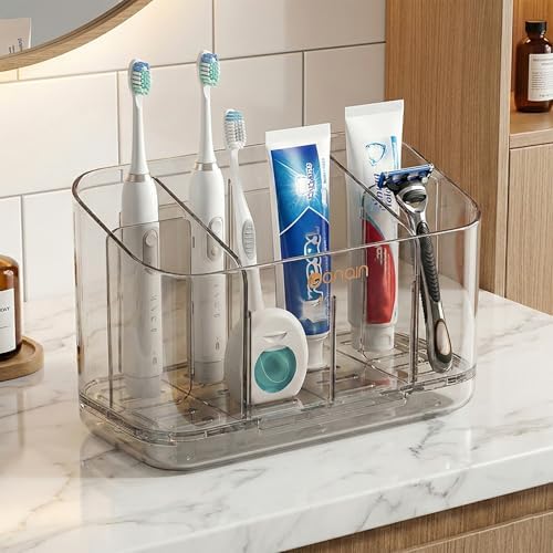 Toothbrush Holder for Bathroom Wall Mounted, 5 Slots Acrylic Toothbrush and Toothpaste Organizer with Removable Dividers Large Capacity Electric Toothbrush Holder for Bathroom Accessories, Smoke Grey