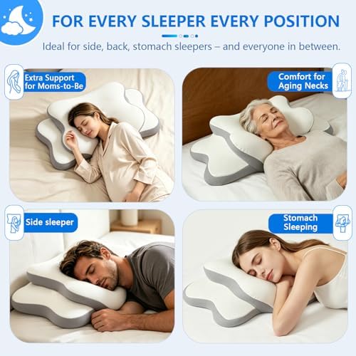 Cervical Neck Pillow for Neck Pain Relief & Side Sleeper | Ergonomic Pillow for Sleep Apnea, Neck Pain, and Snoring Relief | Orthopedic Memory Foam with Ergonomic Neck Support, White, Standard