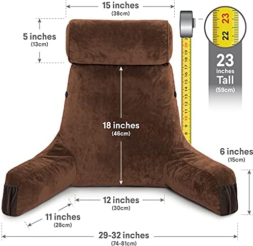 Husband Pillow Medium Reading Pillow with Arms - 23" Backrest for Sitting Up in Bed - Firm Support Bed Rest Pillow for Adults, Neck Roll, Removable Cover - TV, Reading, Lounging - Chocolate