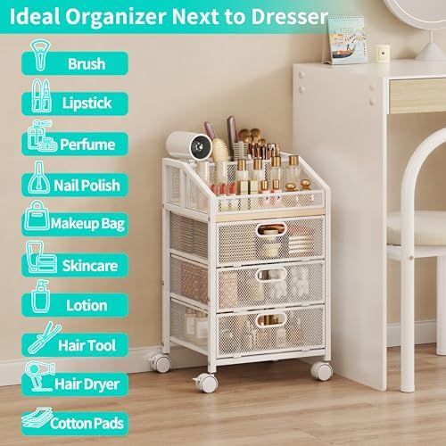 HapiRm Rolling Makeup Cart Organizer - Under Desk Makeup Storage with Wheels, Floor Make up Cart Skincare Organizers Desk Vanity Storage Organizer Cabinet for Cosmetics Makeup Brush Hair Tool, White