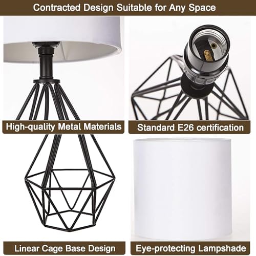 Small Table Lamp Set of 2 Black, Bedside Lamps with White Fabric Shade, Cute Desk Lamp with Metal Cage & Linen Lampshade, Modern Nightstand Lamp for Bedroom, Living Room, Kids Room, Office