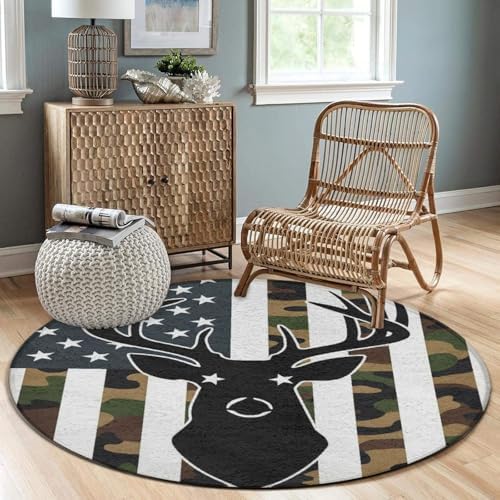 Soft Round Yoga Carpet, Office Chair Decor Round Mat for Carpet and Hardwood Floors American Flag Camo Deer