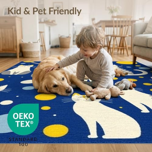 3'x5' Blue Yellow Cat Symphony with Golden Washable Throw Rug