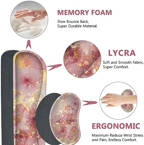 AIMSA Keyboard Mouse Pad Set, Large Gaming Mouse Pad +Wrist Rest Mouse Pad +Keyboard Wrist Support +Coaster, 35x15.7 inch Extended Desk Mat for Easy Typing Pain Relief (Pink Gilt Marble)