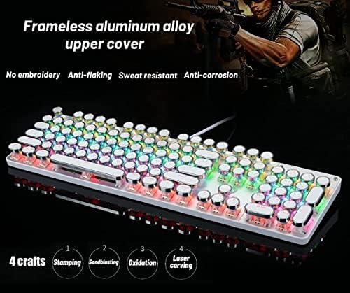 YSCP Typewriter Style Mechanical Gaming Keyboard Rainbow Backlit Wired with Blue Switch Retro Round Keycap 104 Keys Keyboard (L-White)