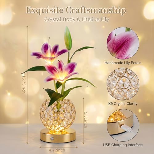 Stargazer Lily Flowers Table Lamp, Rechargeable Cordless Touch Crystal Lamp with 3 Color Modes, Easter Lily Night Light for Bedroom Kitchen Office Decor, Birthday Mothers Day Gifts for Women Mom