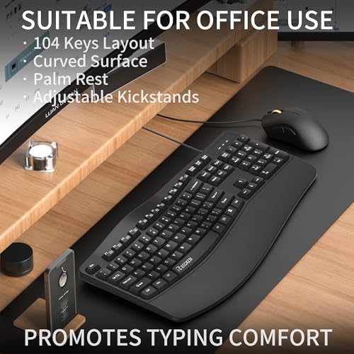 RECCAZR Ergonomic Keyboard, Wired Computer USB Keyboard with Wrist Rest