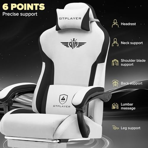 GTPLAYER Gaming Chair, Computer Office Chair Lumbar Support, Linkage Armrests and Footrest, Ergonomic Game Chair for Adults with Extended Backrest, Fabric, Grey
