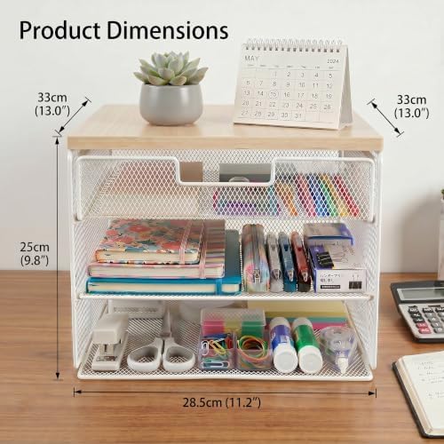 4-Tier Mesh Desk Organizer and Accessories with Drawer Wooden Top Desktop Organizers Letter Tray Paper Organizer File Holder for Home Office School White