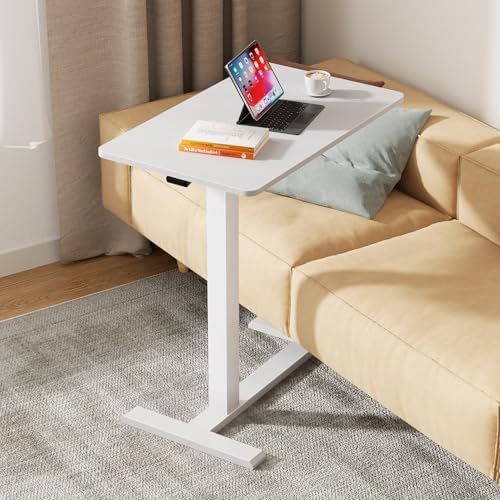 CROWNFURN Overbed Bedside Table with Wheels,Height Adjustable Bedside Table for Recliner,Rolling Standing Desk for Home Hospital,White
