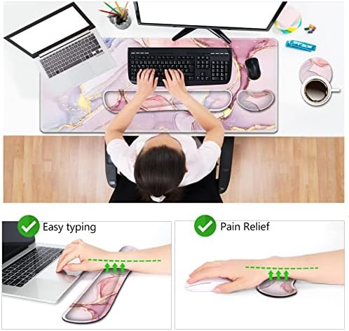 AIMSA Large Gaming Mouse Pad Set, Keyboard Wrist Rest Support Mouse Pad, Ergonomic Memory Foam Multifunctional Extended Desk Mat 35x15.7in Anti-Slip Rubber Base for Office Home, Pink Purple Marble