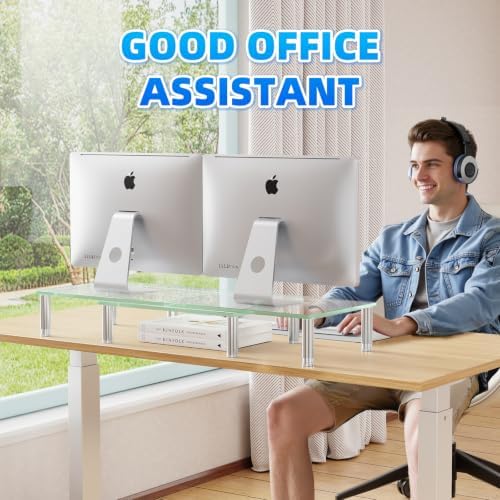 Simple Trending Glass Dual Monitor Stand, Adjustable Length/Height, Clear