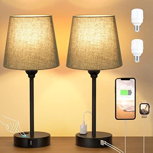 Black Bedside Lamps Set 2 for Bedroom - Dimmable Touch, USB C+A, AC Outlet