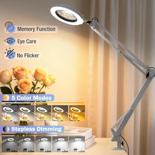 10X Magnifying Glass with Light and Clamp, Real Glass Stand Lighted Magnifier, 2*16 Arm 5 Color Modes Stepless Dimmable LED Desk Lamp Hands Free for Craft Hobby Reading Painting Close Work Large White