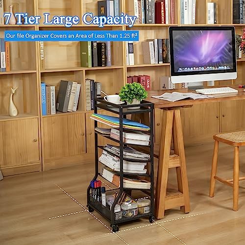 ThreeHio 7 Tier Rolling File Cart with Sliding Trays, Wood Metal File Organizer Beside Desk, Free-Standing File Holder, Paper Letter Tray Organizer Mesh Desk Organizer for Home Office School (Patent)