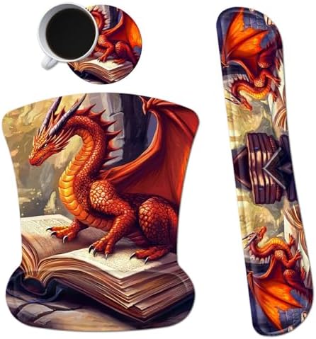 Ergonomic Mouse Pad with Wrist Support Gel Mouse Pads and Upgrade Keyboard Wrist Rest Pad Set, Coasters Non-Slip PU Base Mouse Mat for Office Gaming Computer Laptop Home, Red Dragon Books