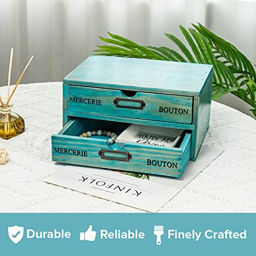 Turquoise 2-Tier Drawer Unit - European Country Style Desk Organizer Box - 9.7x7x5.1" Teal Wooden Stackable Drawers - Countertop Organizer Drawers w/Label Holder - Double File Drawer Unit