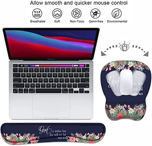 Ergonomic Mouse Pad Wrist Support and Keyboard Wrist Rest Set with Coasters, Non-Slip PU Base, Easy Typing & Pain Relief, Perfect for Home Office Working Studying, Floral Quote Bible Verse Psalm 46:5