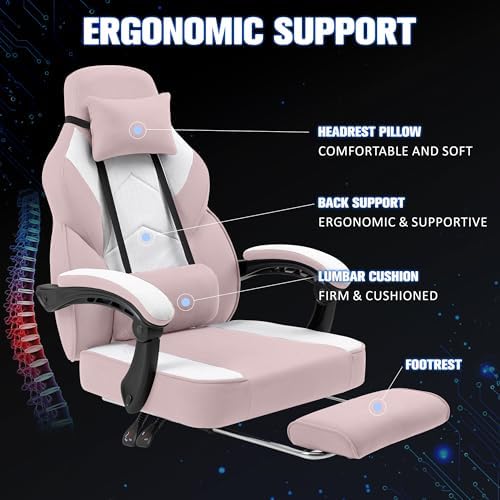 Gaming Chair for Adults with Massage Lumbar Suppor, Fabric Pink