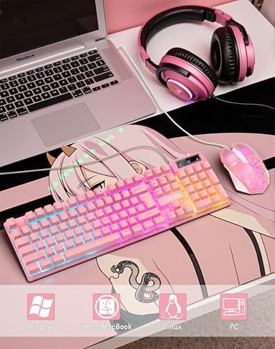 Light Up Cute Pink Gaming Keyboard, 3 Color LED Backlit for PC Computer PS5