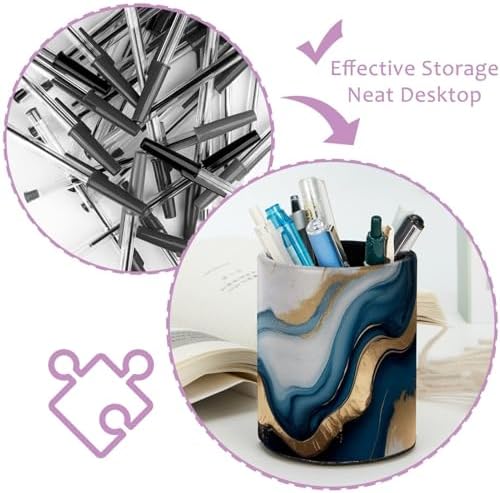 Blue Gold Marble Pen Holder Pencil Organizer Cute Pencil Cup Desk Decor Makeup Brush Holder PU Multifunctional Office Supplies for Home Classroom School