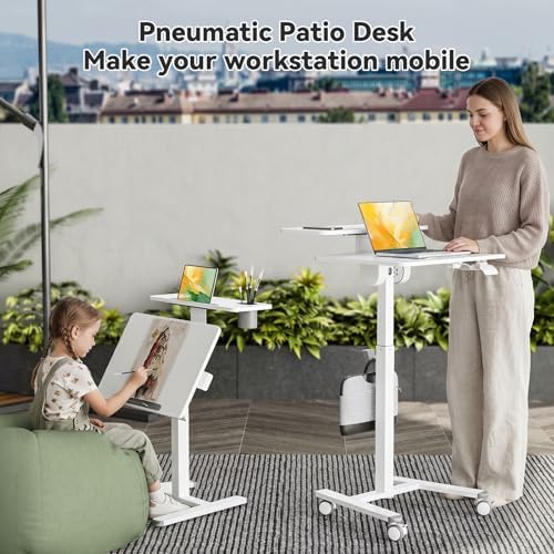 24" Mobile Standing Desk, Tiltable Top with 2-Tier Shelves, White