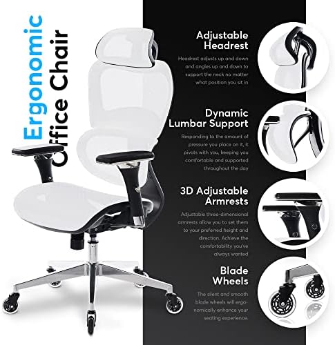 Oline ErgoPro Ergonomic Office Chair with 4D Adjustable Armrest, 3D Lumbar Support and Blade Wheels - Mesh Computer Gaming Rolling Desk Executive Swivel Home Chair (White)