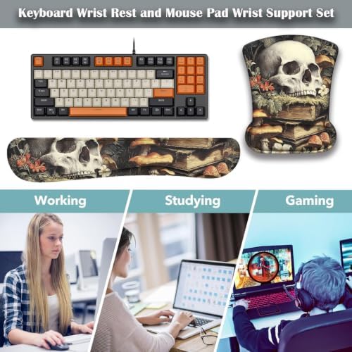 Ergonomic Keyboard Wrist Rest & Mouse Wrist Support Set with Lace Coaster, Gel Memory Foam Anti-Slip Base, Pain Relief for Typing, Gothic Skull & Mushroom