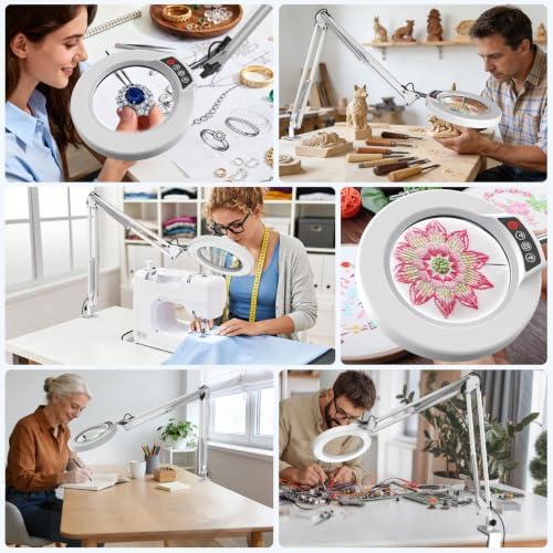 10X Magnifying Glass with Light and Clamp, Real Glass Stand Lighted Magnifier, 2*16 Arm 5 Color Modes Stepless Dimmable LED Desk Lamp Hands Free for Craft Hobby Reading Painting Close Work Large White