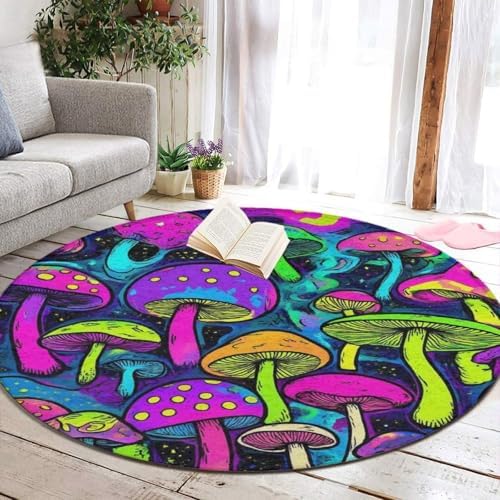Highly Premium Quality Floor Mat, Office Chair Decor Mat, Room Sofa Yoga Soft Round Carpet Trippy Colorful Mushrooms Magic Art, 60inch