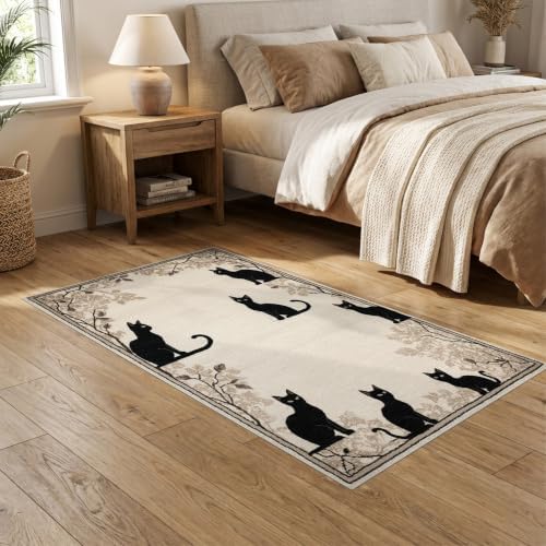 5'x7' Black Cat Taupe Design with Motifs Washable Area Rug