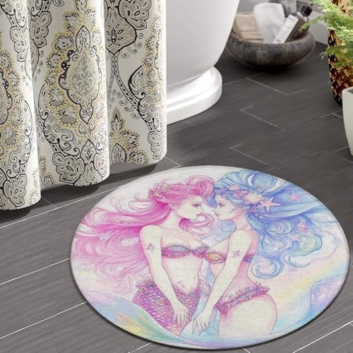 Machine Washable Modern Round Area Rug, Room Sofa Yoga Soft Round Carpet, Home Decor Non Slip Kitchen Office Circle Rug Lesbian Mermaid Anime Girl Love LGBT Pride, 24inch