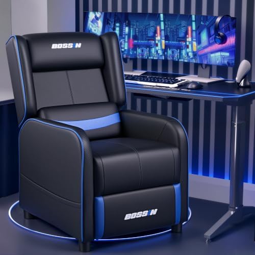 BOSSIN 400lbs Big and Tall Gaming Recliner Chair, PU Leather Seating, Blue