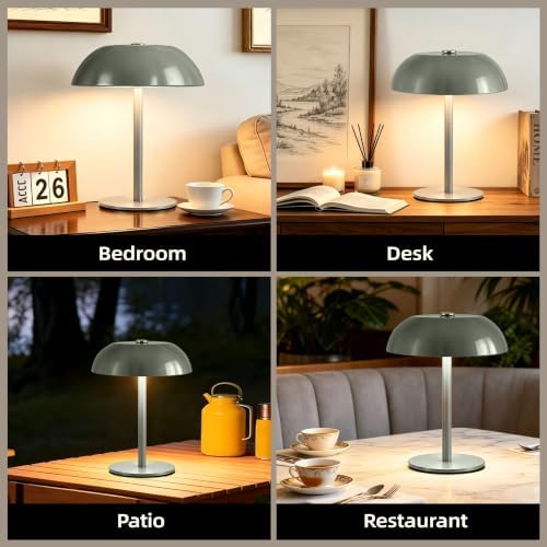 Portable LED Mushroom Table Lamp, 24H Cordless Metal Night Light with Rechargeable Battery, Stepless Dimmable 3 Colors Desk Lamp for Bedroom Bar Coffee Shop(Green)