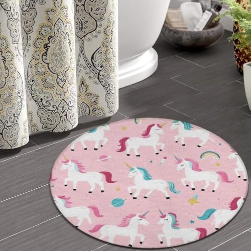 Men's Large Home Decor Mat, Soft Round Yoga Carpet, Non Slip Machine Washable Home Office Circle Rug Unicorns Pink