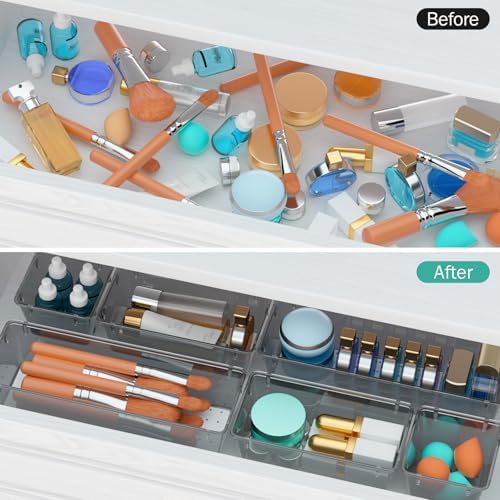 9 Pack Clear Drawer Organizer Set, Drawer Storage Trays, Storage Bins