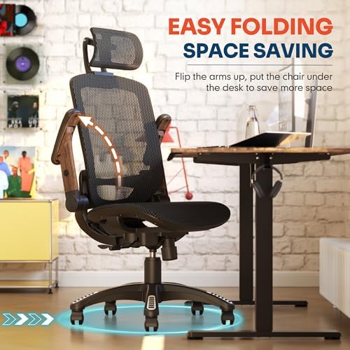 GABRYLLY Ergonomic Office Chair, High Back Home Desk Chair with 2D Flip-Up Arms, 3D Headrest, 90-120° Tilt and Wide Cushion, Big and Tall Mesh Chairs for Man Woman, Computer Task Chair Dark Wood Grain