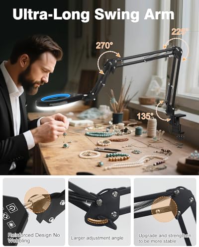 Magnifying Glass with Light, 10X/5X Lens, Dimmable LED, Long Swing Arm,Blue