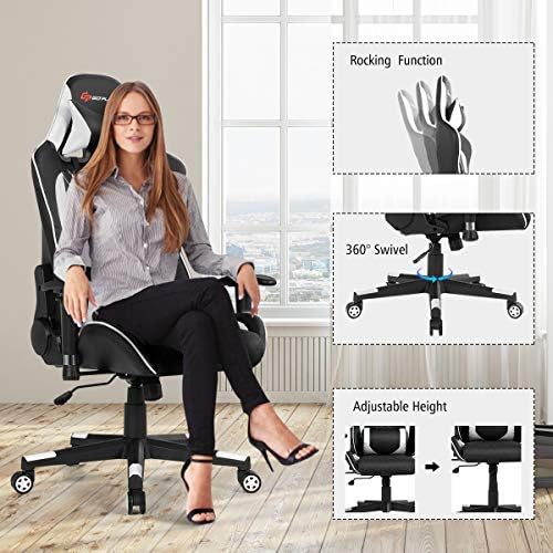 POWERSTONE Gaming Chair, Gaming Recliner with Adjustable Armrest Massage Lumbar Pillow Wide Cushion Ergonomic Office Computer Chair for Adults, White