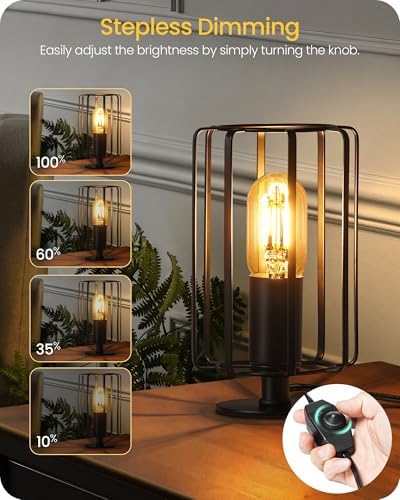 Industrial Table Lamp, Fully Dimmable Small Bedside Lamp, Plug in