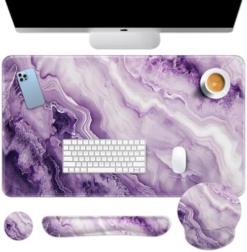 Britimes Keyboard Mouse Pad Set, 4 in 1 Desk Mat Set, Purple Pink Marble