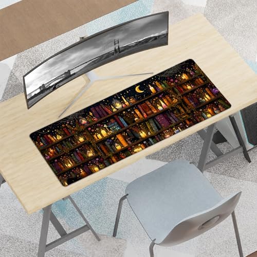 Library Gaming Mouse Pad,Gothic Large Desk Mat, 31.5x11.8x0.12in Extended Non-Slip Rubber Magic Candle Book Art Mousepad, Computer Deskmat Gifts, Laptop Mice Pads Decor for Office Home