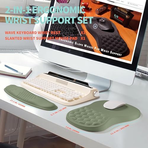 2-in-1 Ergonomic Set, Wave Rise Keyboard Wrist Rest and Massage Bulge Slope Mouse Pad Wrist Support, Cushion Memory Foam Integrated to Relieve Wrist Pain, Olive Green