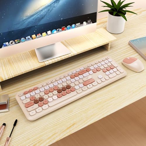 SkyGive Wireless Keyboard and Mouse Combo, Colorful Ergonomic Full Size Retro Low-Noise Keyboard with Cute Keycaps, Neutral Brown Keyboard, Compatible with Windows, PC, Perfect for Home and Office