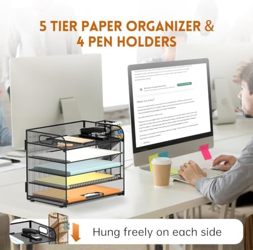 5-Tier Paper Organizer for Desk with Pen Holders, Letter Trays, Black